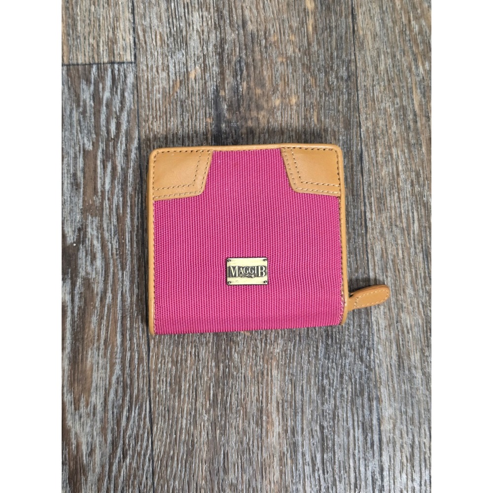 Maggib Bifold Wallet Pink Canvas Tan Trim ID Window Zip Coin Pocket Womens